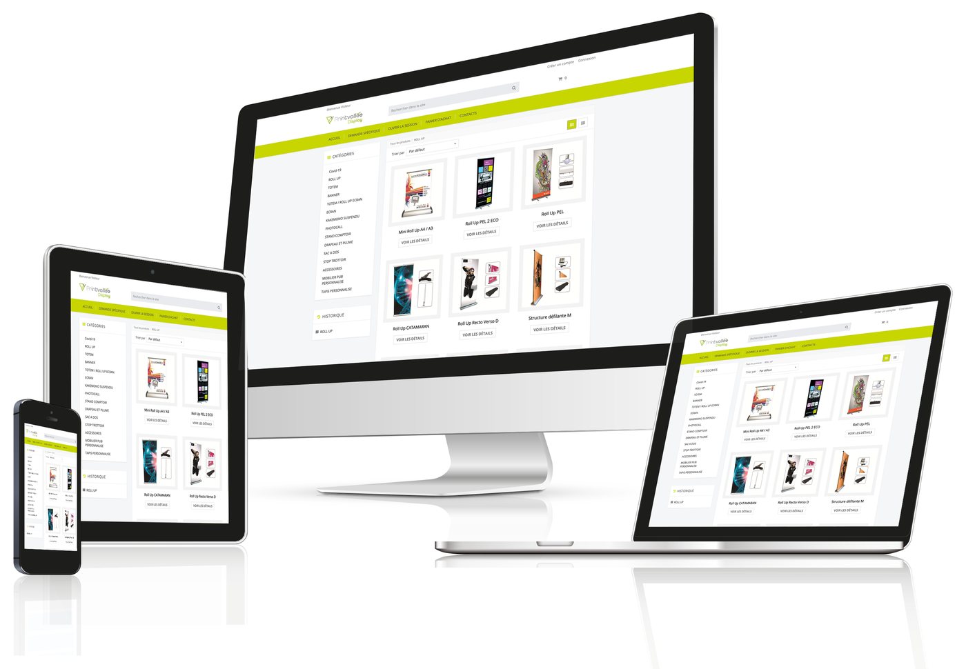 La marketplace Printvallée affichée sur ordinateur, portable, tablette et smartphone